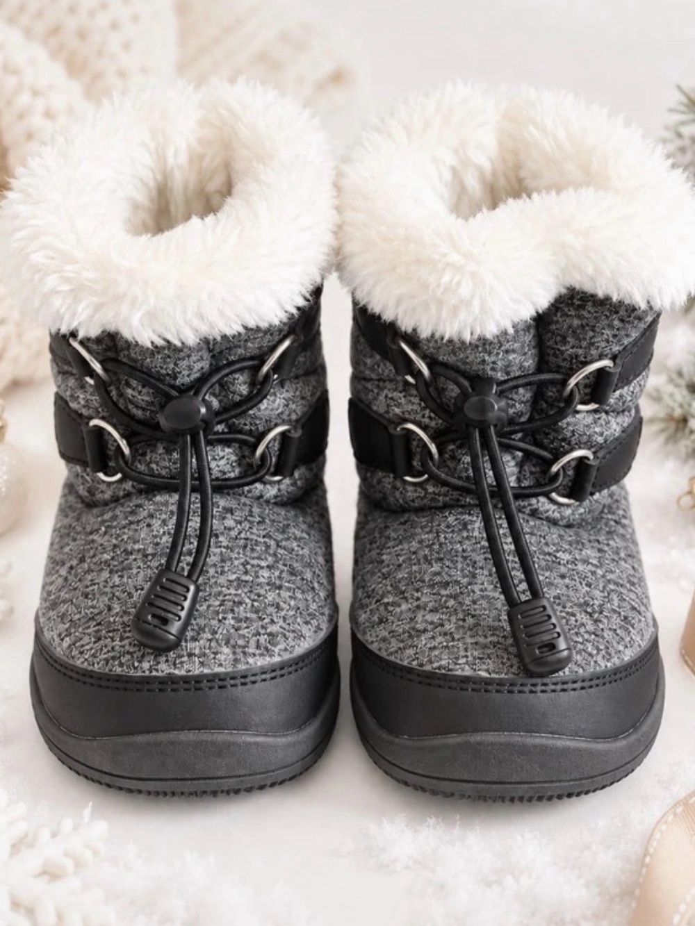 Kids Winter Snow Boots with Plush Faux Fur - Grey